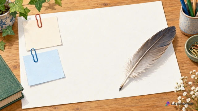 Une plume et deux trombones de couleurs différentes réunissent des papiers vierges sur une table en bois.