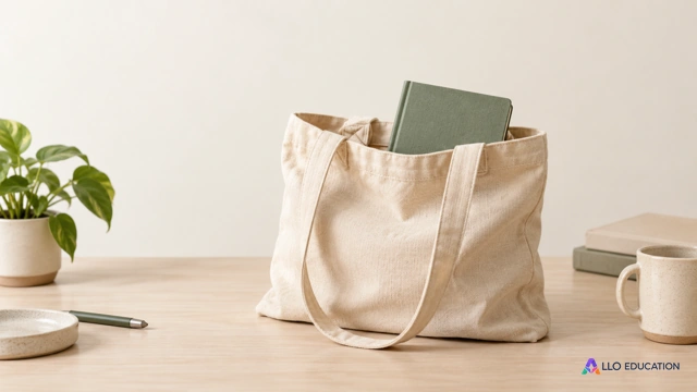 Un carnet fermé sans inscription dépasse d’un sac en tissu sans marque sur une table claire.