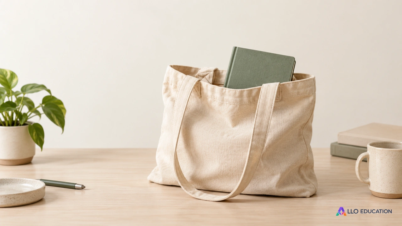 Un carnet fermé sans inscription dépasse d’un sac en tissu sans marque sur une table claire.