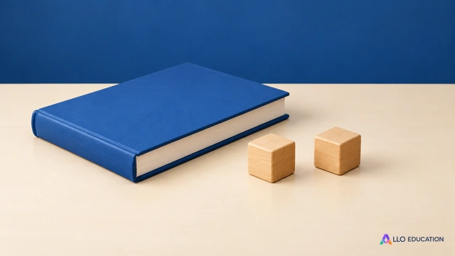 Un livre bleu fermé et deux petites pièces de bois lisses, séparées, sur une table claire.