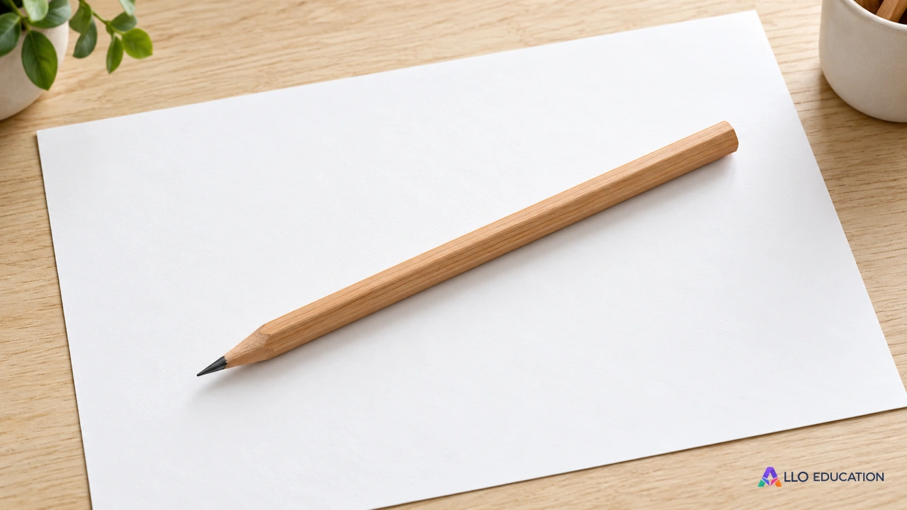 Un crayon de bois entier posé sur une feuille blanche sans mots.