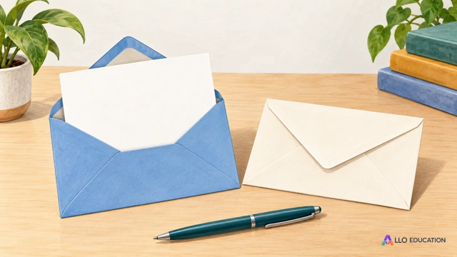 Deux enveloppes vierges, dont une ouverte avec une carte blanche, et un stylo uni sont posés sur une table claire.