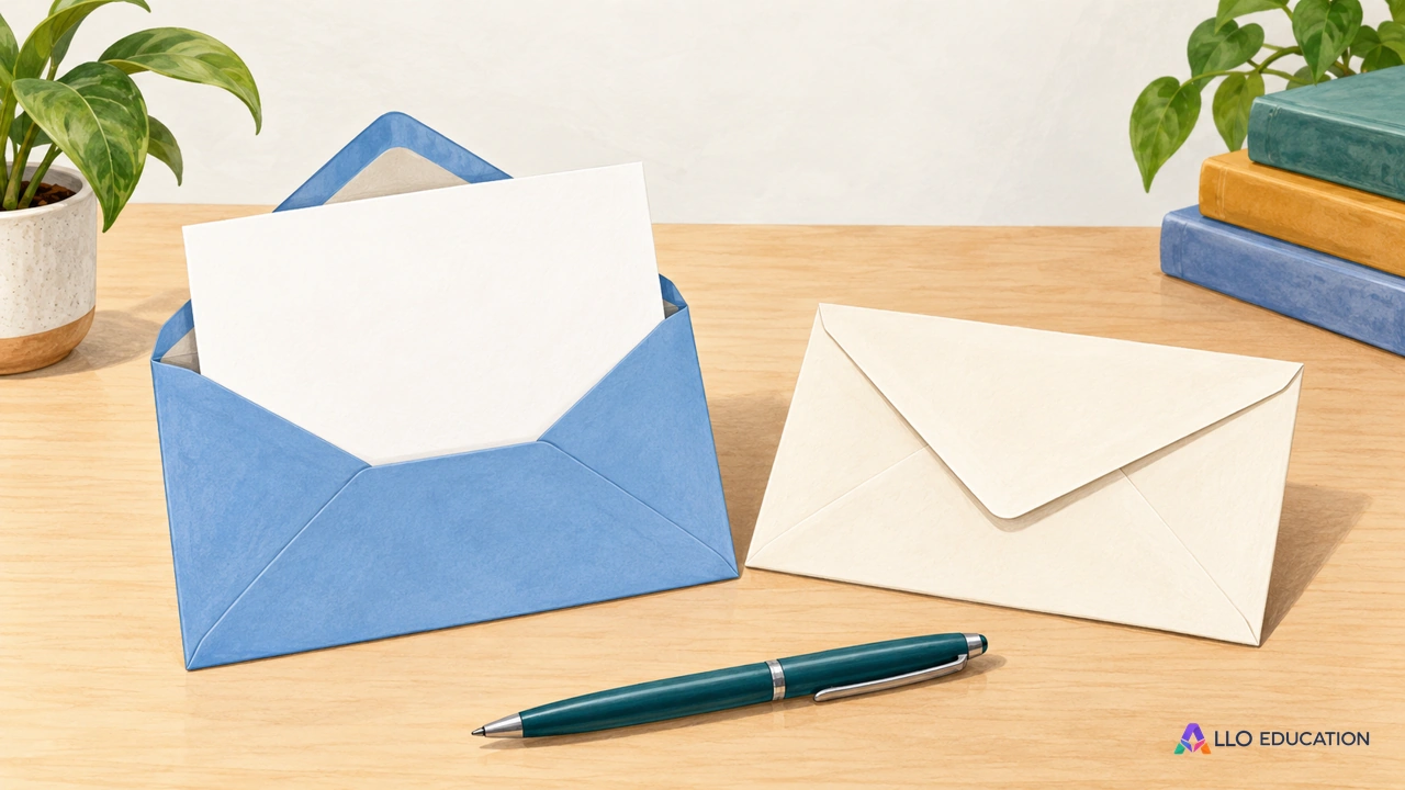 Deux enveloppes vierges, dont une ouverte avec une carte blanche, et un stylo uni sont posés sur une table claire.