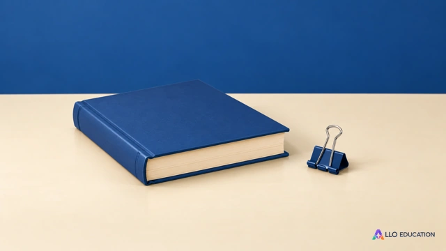 Un livre fermé bleu sans inscription et une petite pince de bureau sur une surface claire.