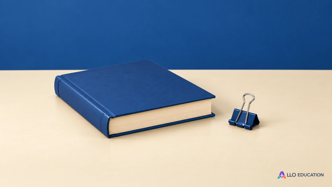 Un livre fermé bleu sans inscription et une petite pince de bureau sur une surface claire.