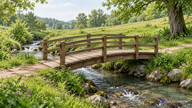 Petit pont de bois entier au-dessus d’un ruisseau dans un parc imaginé ; couverture illustrative, sans texte et sans lieu réel identifié.