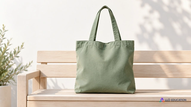 Un sac en tissu uni avec deux anses est posé entier sur un banc clair.
