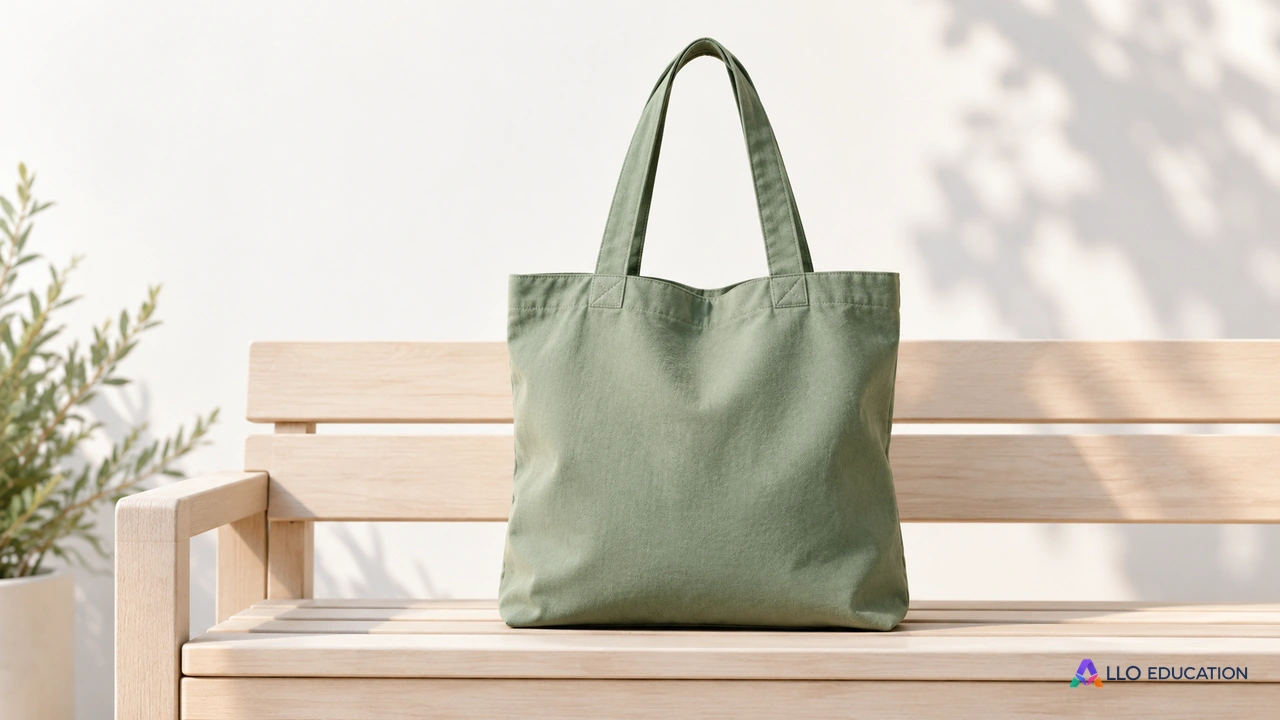 Un sac en tissu uni avec deux anses est posé entier sur un banc clair.