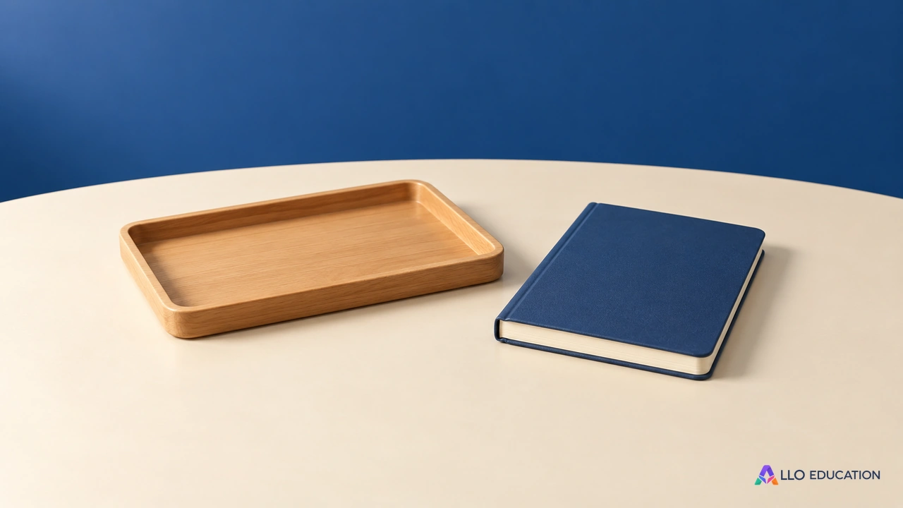 Un plateau de bois vide et un carnet bleu fermé sur une table.