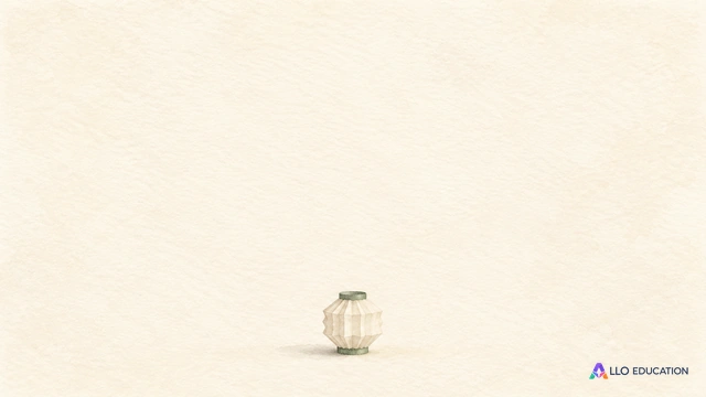 Une minuscule lanterne de papier ivoire et sa base sage entières, sur fond ivoire, évoquent le corpus.
