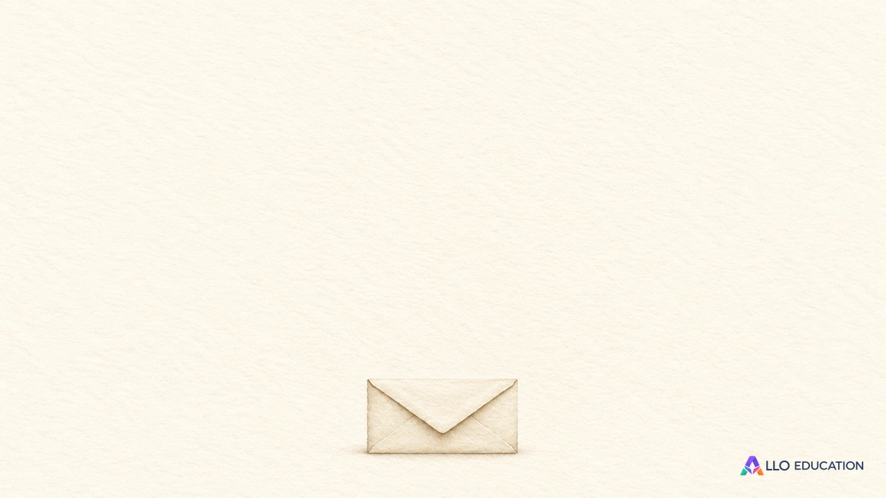 Une minuscule enveloppe crème fermée et entière évoque un message sur fond ivoire.