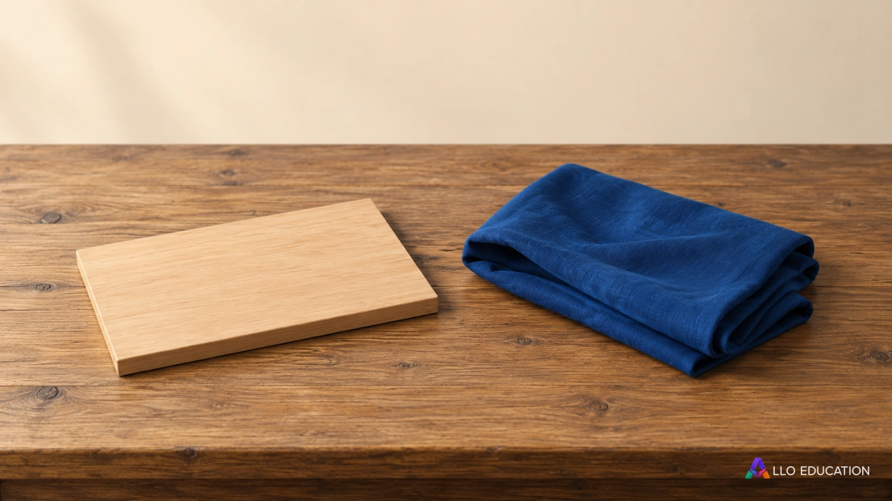 Un petit panneau de bois uni et un tissu bleu plié sur une table d’atelier.