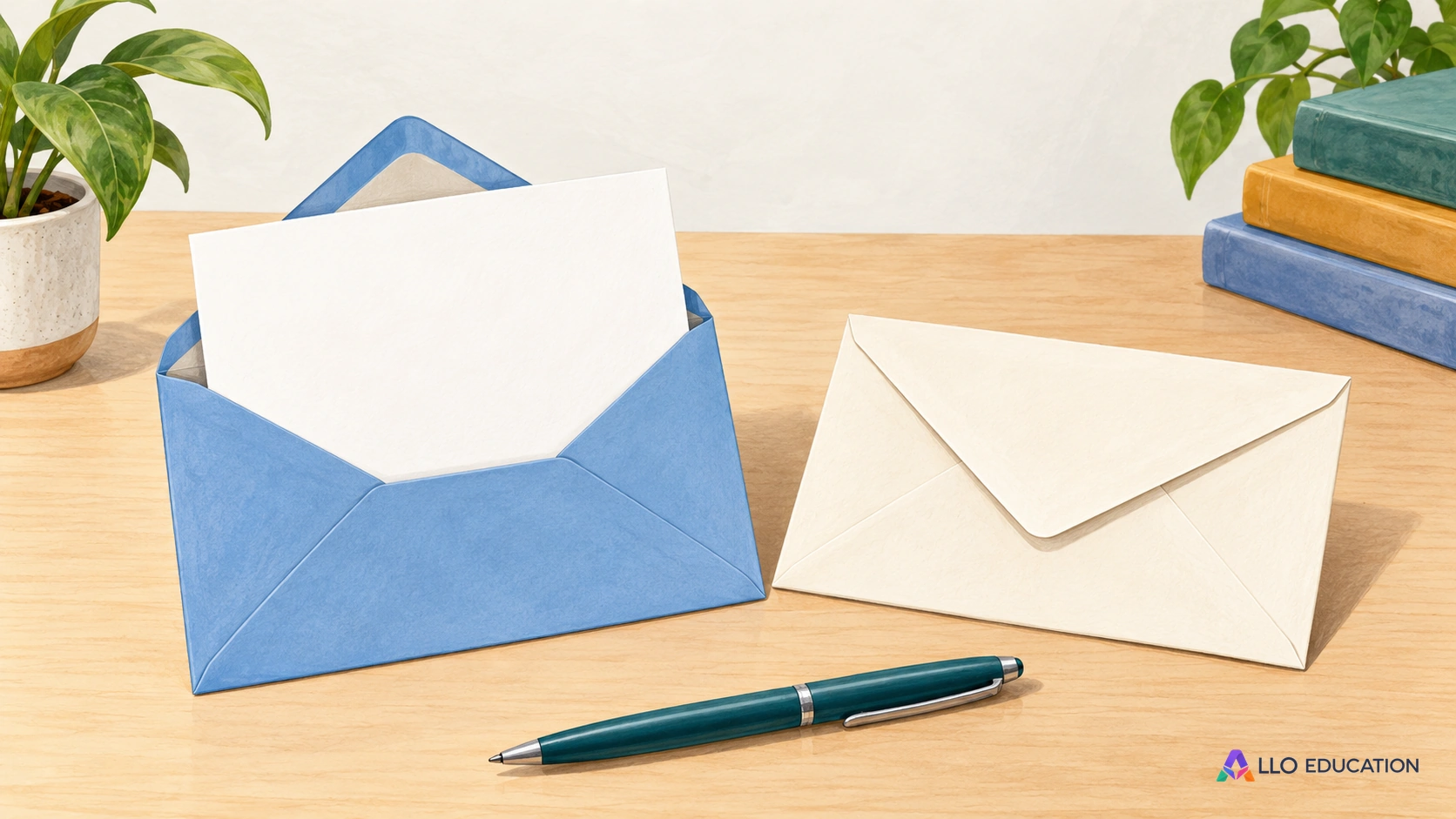 Deux enveloppes vierges et un stylo évoquent la formulation d’un message.