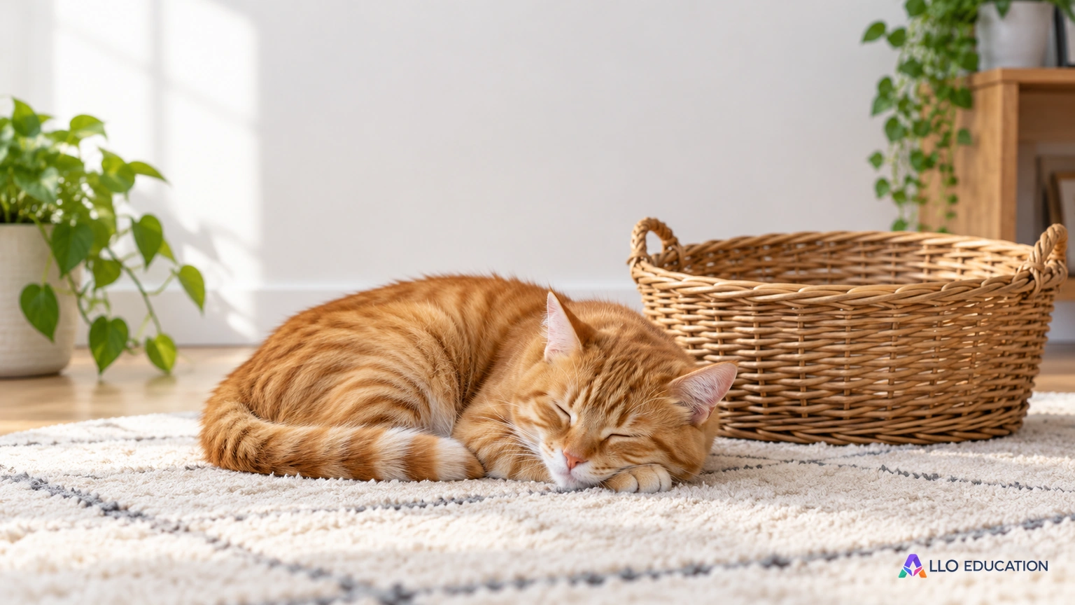Un chat roux dort près d’un panier en osier dans une pièce claire.