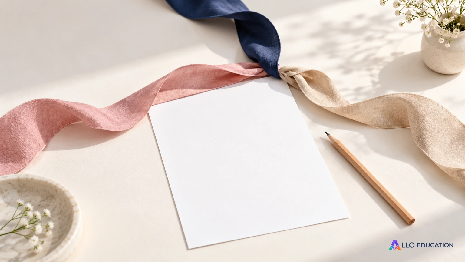 Trois rubans réunis autour d’une feuille blanche et d’un crayon.