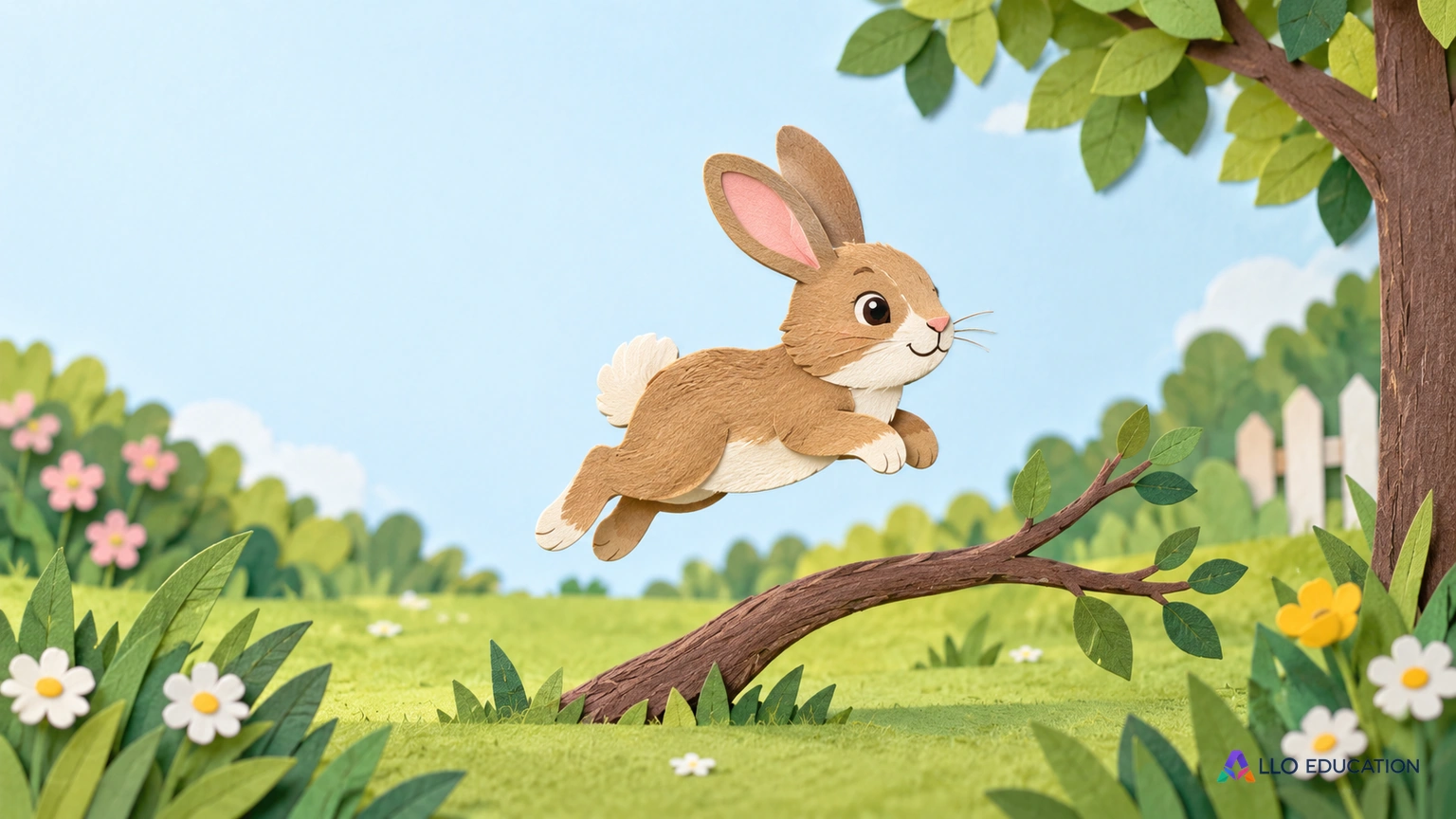 Un lapin imaginaire fait un petit saut dans un jardin.